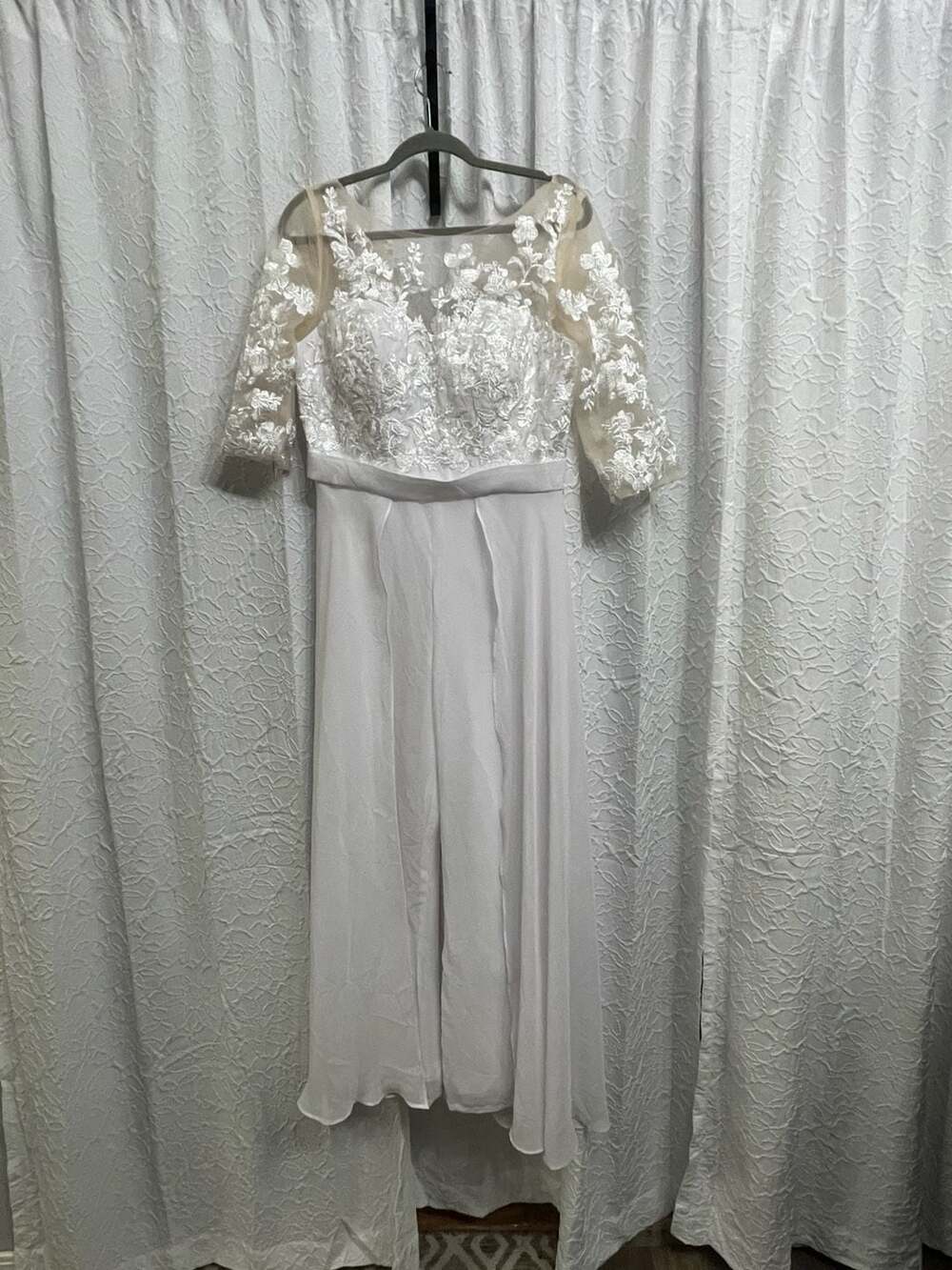 Bridal Shower Lace Applique Chiffon Wedding Dress Jumpsuit White 3/4 Sleeve NWT